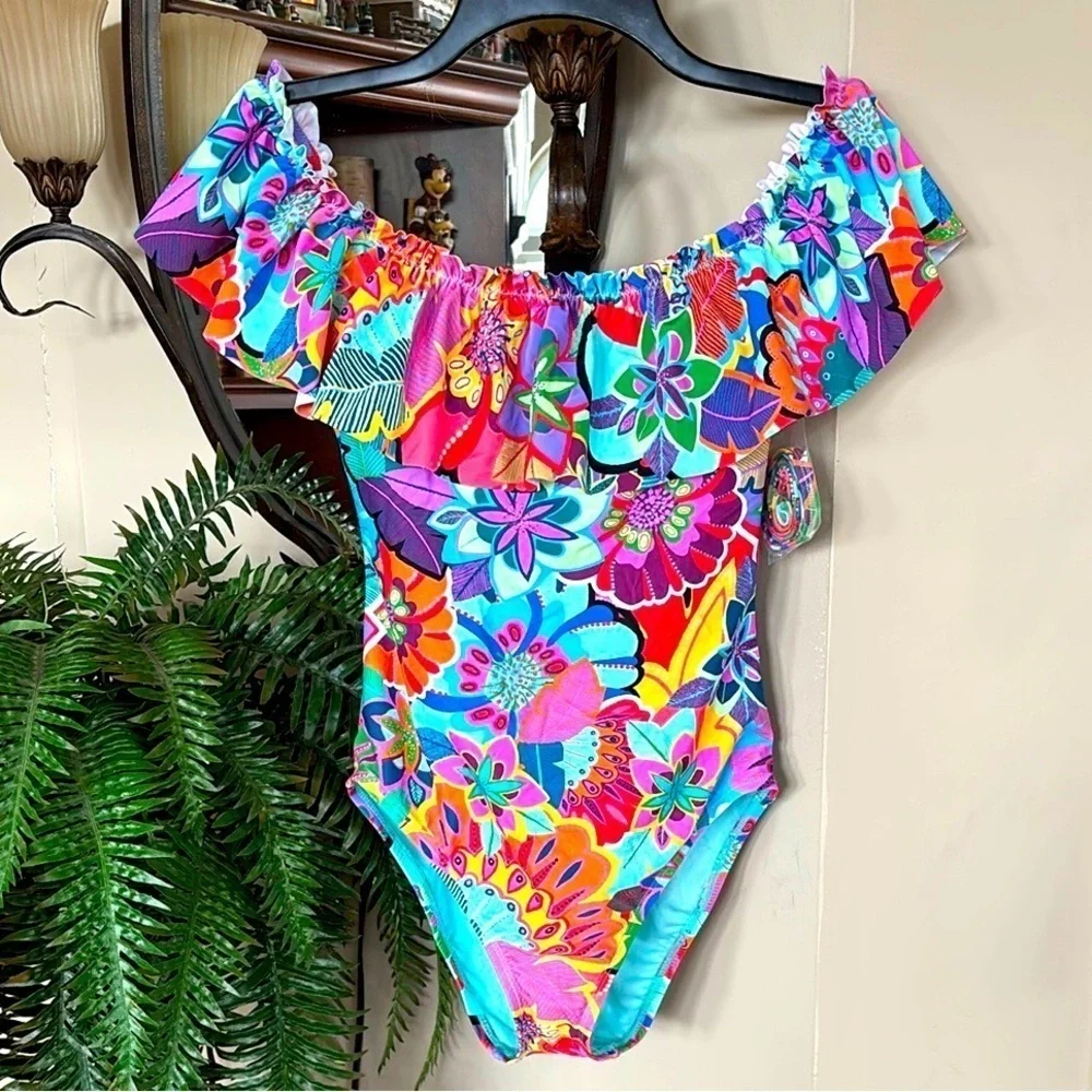NWT Bleu Rod Beattie Colorful Floral Off The Shoulder Ruffle One-Piece Swimsuit